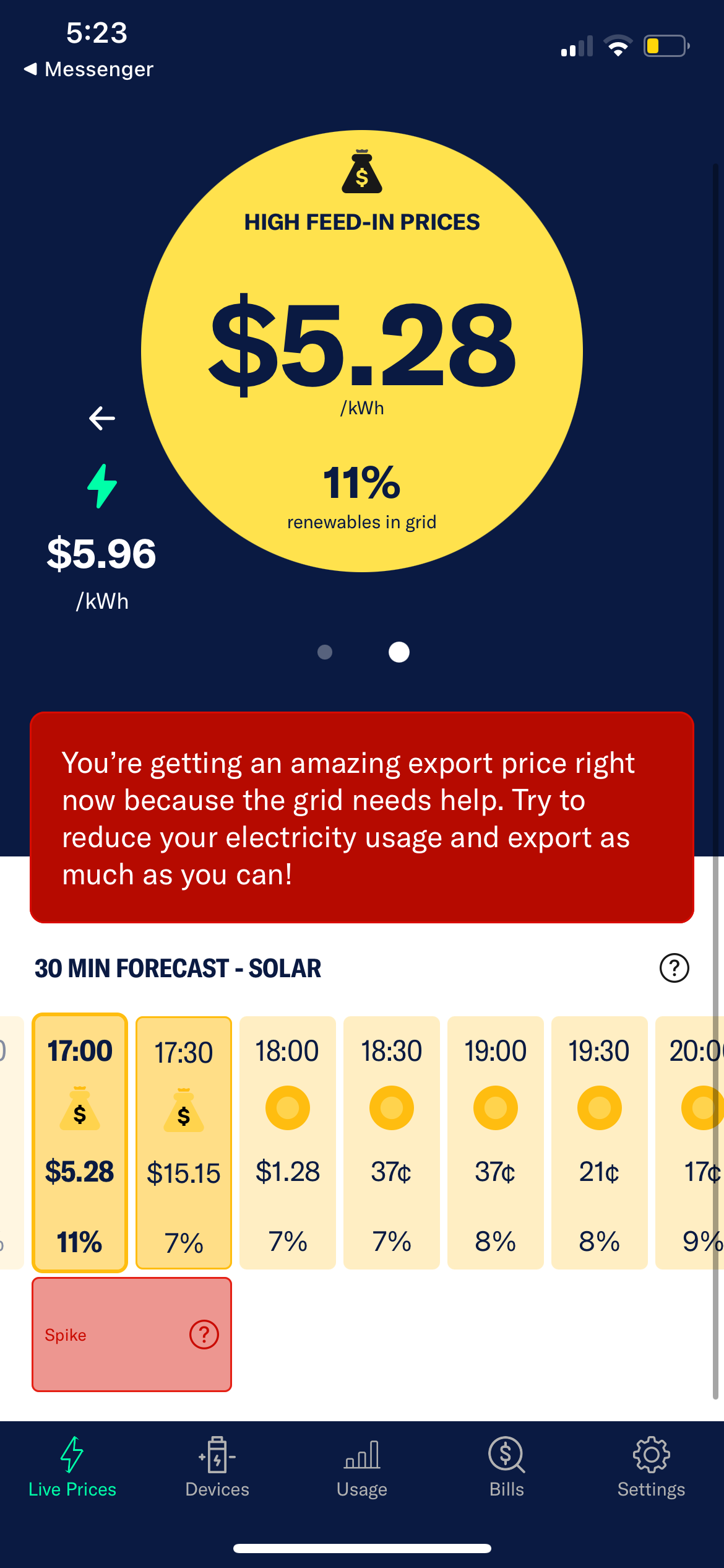 Amber Electric app showing a $5.28/kWh feed-in price spike